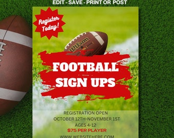 Editable flyer, Football Flyer, Football Sign up Flyer, Canva Flyer, Flyer Template, Football Advertisement, Sign up Flyer