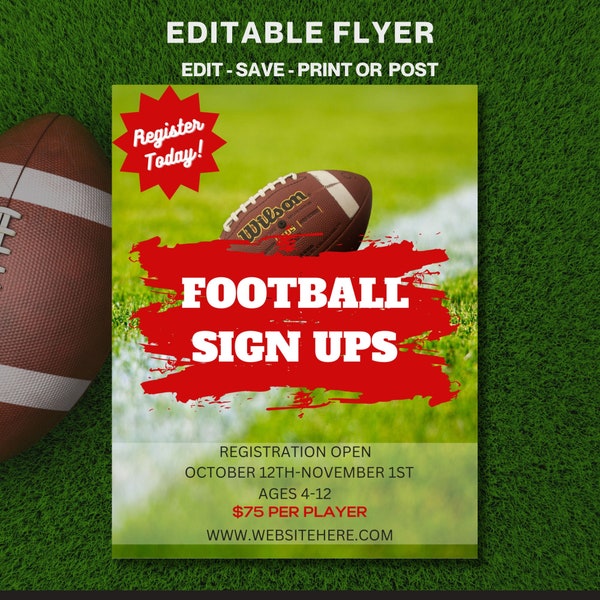Editable flyer, Football Flyer, Football Sign up Flyer, Canva Flyer, Flyer Template, Football Advertisement, Sign up Flyer