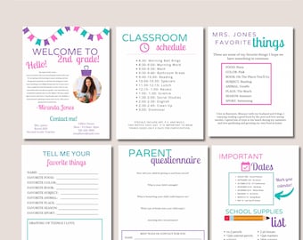 May include: A printable teacher welcome packet set for second grade. The packet includes a welcome note, classroom schedule, parent questionnaire, important dates, and school supply list. The packet is decorated with colorful flags and a pink and blue color scheme.