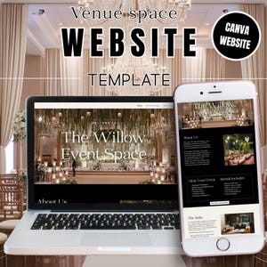 Könnte beinhalten: Ein Laptop und ein Smartphone zeigen eine Website-Vorlage für Veranstaltungsorte. Das Design enthält den Text "Venue space WEBSITE TEMPLATE" und "The Willow Event Space". Das Smartphone zeigt eine mobile Version der Website.