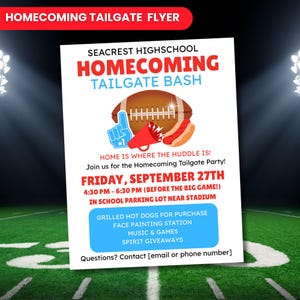 Könnte beinhalten: Ein Flyer für eine Homecoming Tailgate Bash an der Seacrest Highschool. Der Flyer zeigt ein Football, einen Schaumstoff-Finger und einen Hotdog. Die Veranstaltung findet am Freitag, den 27. September, von 16:30 bis 18:30 Uhr statt, mit Hotdogs, Kinderschminken, Musik und Spielen.