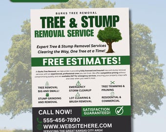 May include: A flyer for Burks Tree Removal, a tree and stump removal service. The flyer is green and white with a tree illustration. The text on the flyer reads "Tree & Stump Removal Service", "Expert Tree & Stump Removal Services", "Clearing the Way, One Tree at a Time!" and "Free Estimates!" The flyer also lists services offered, including tree removal, storm cleanup, tree trimming and pruning, stump grinding and removal, lot clearing and brush removal, residential and commercial services. The flyer includes a phone number, website address, and the text "Servicing the Great Kansas City Area!"