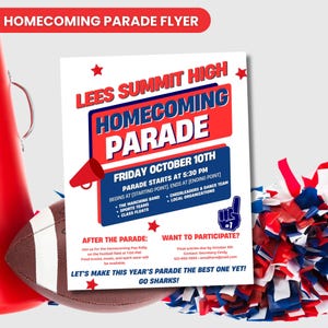 Könnte beinhalten: Ein Flyer für die Lees Summit High Homecoming Parade mit rotem und blauem Text. Der Flyer enthält Datum, Uhrzeit und Details der Parade, mit einem Football und Pompons im Vordergrund.