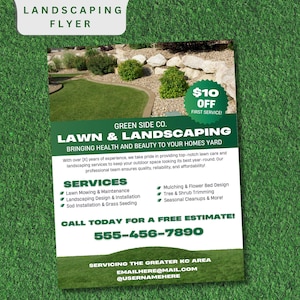 Könnte beinhalten: Flyer von Green Side Co. für Rasenpflege und Landschaftsbau mit grünem Hintergrund. Der Flyer wirbt für Rasenpflege- und Landschaftsbaudienstleistungen mit einem Angebot von 10 € Rabatt für den ersten Service. Der Flyer listet Dienstleistungen wie Rasenmähen, Wartung, Landschaftsgestaltung, Installation, Verlegung von Rasen, Grassamen, Mulchen, Gestaltung von Blumenbeeten, Beschneiden von Bäumen und Sträuchern sowie saisonale Reinigungen auf. Der Flyer enthält eine Telefonnummer, um einen kostenlosen Kostenvoranschlag anzufordern, und eine E-Mail-Adresse für Anfragen.