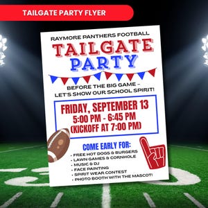 Könnte beinhalten: Ein weißer Flyer mit rotem und blauem Text, der eine Tailgate-Party der Raymore Panthers Football bewirbt. Der Flyer enthält den Text "Tailgate Party", Veranstaltungsdetails und eine Liste von Aktivitäten.