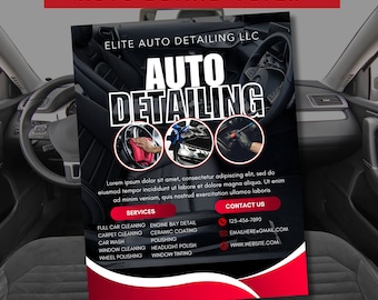 May include: A red and white flyer with the text "AUTO DETAILING" in large black letters. The flyer advertises auto detailing services, including full car cleaning, carpet cleaning, car wash, window cleaning, wheel polishing, engine bay detail, ceramic coating, polishing, headlight polish, and window tinting. The flyer also includes contact information for the business, including a phone number and email address.