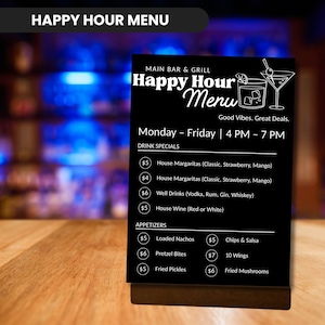 Plantilla de menú de happy hour, lista de precios de happy hour, plantilla de happy hour, menú editable, plantilla de Canva