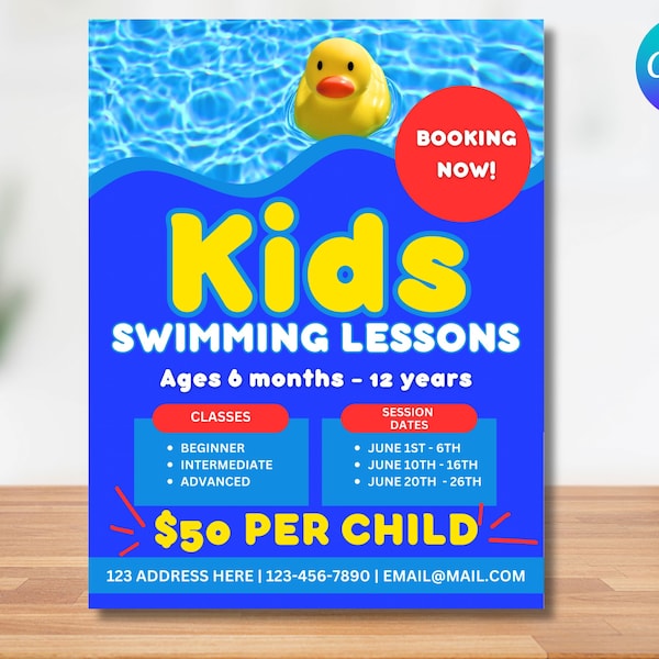 Editable Swim Lessons Flyer, Swimming Flyer, Kids Swim  Lessons Flyer, Canva Flyer Template, Marketing Flyer, Business Flyer