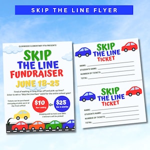 Skip the Line Fundraiser Flyer, Skip the Line  Raffle Form, School Fundraiser, School pick up Flyer