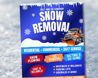 Puede incluir: Un folleto azul para servicios de remoción de nieve. El folleto incluye el texto "SNOW REMOVAL" y "SALT AND GO COMPANY". Presenta un gráfico de camión quitanieves naranja y copos de nieve. Servicios: arado de nieve, eliminación de hielo y salado.