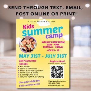 Peut inclure: Une affiche jaune et rose annon&ccedil;ant un camp d'&eacute;t&eacute; pour enfants &agrave; Mayville. L'affiche pr&eacute;sente une photo d'enfants, le texte "Kids Summer Camp" et les dates "May 31st - July 31st". Elle comprend &eacute;galement des informations sur le camp, telles que l'horaire hebdomadaire, la tranche d'&acirc;ge et les activit&eacute;s quotidiennes. Un code QR est inclus pour l'inscription.