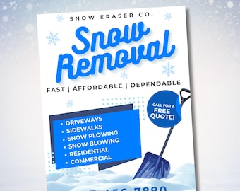 Puede incluir: Un folleto blanco con texto azul y un diseño de copo de nieve azul. El texto dice "Snow Eraser Co. Snow Removal Fast | Affordable | Dependable" y enumera los servicios que incluyen entradas de vehículos, aceras, limpieza de nieve, soplado de nieve, residencial y comercial. El folleto también incluye una pala azul y el número de teléfono 123-456-7890. Llame para obtener un presupuesto gratuito.