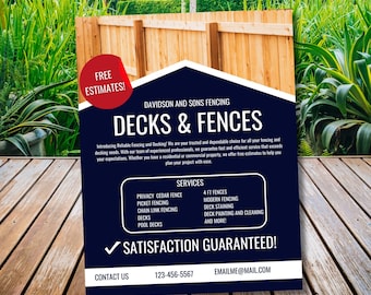 May include: A flyer for Davidson and Sons Fencing, featuring a wooden fence and deck in the background. The flyer has a navy blue and white design with the text "FENCE AND DECK FLYER" and "DECKS & FENCES". It lists services like privacy cedar fence and deck staining.