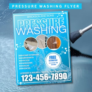Puede incluir: Un folleto azul y blanco que anuncia servicios de lavado a presión de Brickson and Sons. El folleto presenta imágenes de una casa, una entrada de vehículos y una cerca que se lavan a presión. El texto del folleto dice "Pressure Washing", "Free Estimates! 20% off first time customer", "Licensed & Insured | Satisfaction Guaranteed", y "123-456-7890".