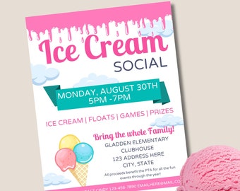 Editable Ice Cream Social Flyer, Ice Cream Event Flyer, Editable Flyer, Fundraiser Flyer, Ice Cream Fundraiser