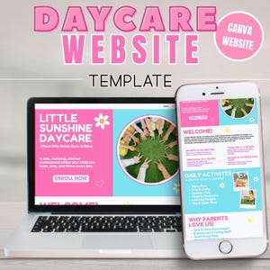 Könnte beinhalten: Ein Laptop und ein Smartphone, die eine Vorlage für eine Kita-Website anzeigen. Das Design verwendet Rosa und Blau mit dem Text "Daycare Website Template". Der Laptop zeigt "Little Sunshine Daycare" und eine Gänseblümchen-Grafik. Das Smartphone zeigt die mobile Version der Website.