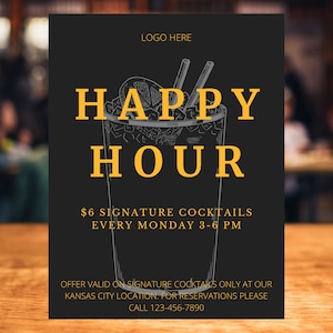 Edytowalna ulotka Happy Hour, ulotka baru, marketing baru, szablon ulotki, menu baru