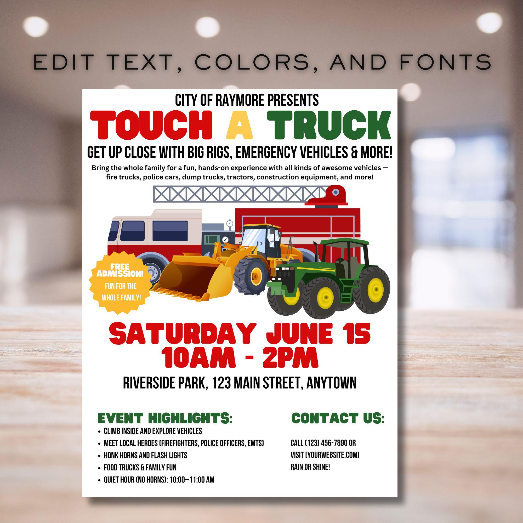 Touch a Truck Event Flyer Template | Editable Kids Truck Show Flyer ...