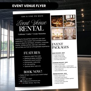 Peut inclure: Flyer noir et blanc pour la location de salles d'événements avec le texte "Event Venue Rental". Le flyer comprend des détails sur les forfaits événementiels, des caractéristiques et des coordonnées.
