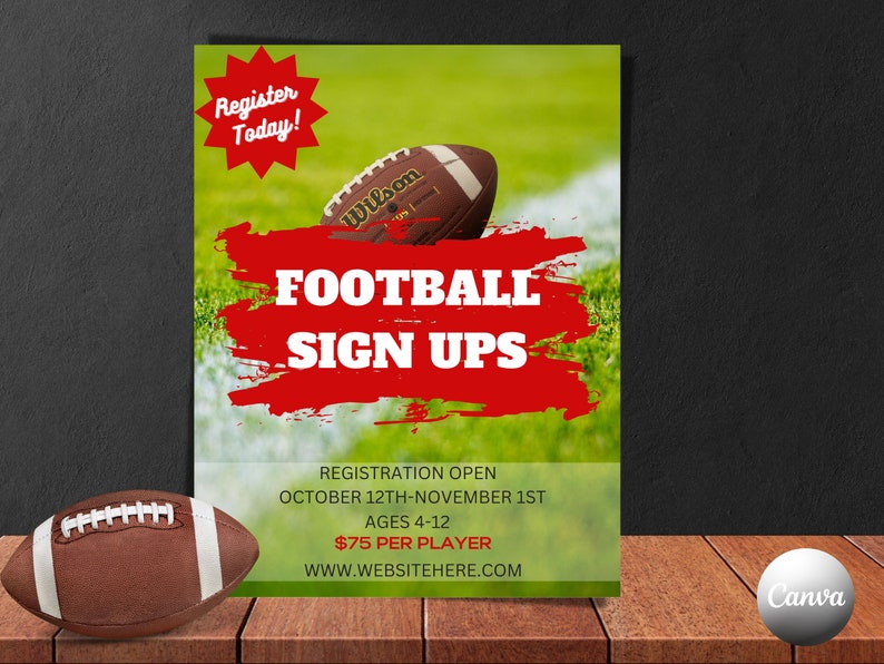 Editable Flyer, Football Flyer, Football Sign up Flyer, Canva Flyer
