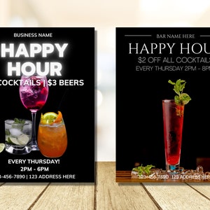 2 Edytowalne ulotki Happy Hour, ulotki barowe, marketing barowy, szablony ulotek, menu barowe
