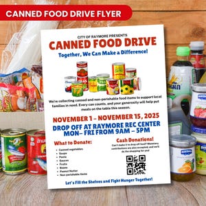 Può includere: Un volantino per una raccolta di cibo in scatola con il testo "CANNED FOOD DRIVE" e "Insieme, possiamo fare la differenza!" Sono esposte conserve. La raccolta si svolge dal 1 al 15 novembre 2025, presso il Raymore Rec Center. Si richiedono donazioni di verdure in scatola, zuppe, pasta, salse, frutta, fagioli, burro di arachidi e prodotti non deperibili.