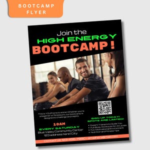 Può includere: Un volantino nero e arancione che pubblicizza un bootcamp ad alta energia. Il volantino presenta un gruppo di persone che si allenano in palestra. Il testo sul volantino recita "Unisciti al Bootcamp ad Alta Energia!" e include informazioni sul bootcamp, tra cui l'orario, la posizione e le informazioni di contatto.