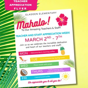 Teacher & Staff Appreciation Week Flyer Template | HawaiianTheme | Editable Canva Printable | School Event Poster