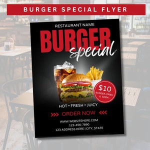 Edytowalna specjalna ulotka Burger, ulotka restauracji, wyprzedaż burgerów, szablon ulotki restauracji, ulotka Cheese Burger, marketing