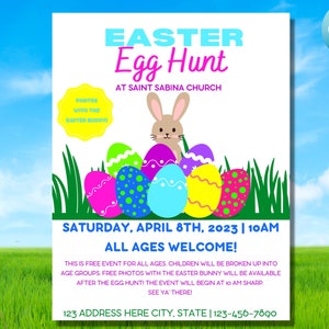 Könnte beinhalten: Ein farbenfroher Flyer, der zu einer Ostereiersuche in der Saint Sabina Kirche einlädt. Der Flyer zeigt ein Cartoon-Hasenkaninchen, das bunte Ostereier hält, und den Text "Easter Egg Hunt" in blauen und rosa Buchstaben. Die Veranstaltung findet am Samstag, den 8. April 2023, um 10:00 Uhr statt. Der Flyer gibt an, dass alle Altersgruppen willkommen sind und dass nach der Eiersuche kostenlose Fotos mit dem Osterhasen möglich sind.