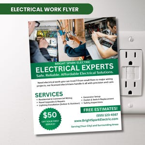 Op de afbeelding: Een flyer voor elektrische werkzaamheden met de tekst "ELECTRICAL EXPERTS" en afbeeldingen van elektriciens aan het werk. Het vermeldt diensten zoals bedrading en reparaties.