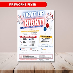May include: A red and white flyer promoting a fireworks sales fundraiser for Northview High School Band. The flyer features the text "Light Up the Night!" and includes information on dates, location, and special deals.