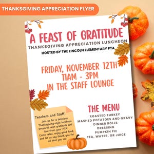 Thanksgiving Teacher Appreciation Flyer, Appreciation Luncheon Flyer, Thanksgiving Luncheon, Teacher Appreciation