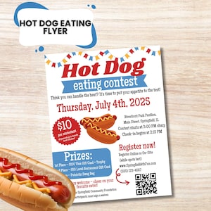 May include: A flyer for a hot dog eating contest. The flyer has red and blue text, with the words "Hot Dog eating contest" prominently displayed. The event is on Thursday, July 4th, 2025, at Riverfront Park Pavilion in Springfield, IL.