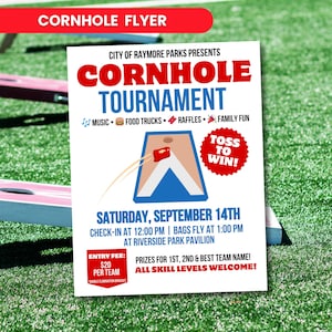 Cornhole Tournament Flyer Template – Printable Game Night Poster, Backyard Bags Event Flyer, Editable Team Sign-Up Sheet