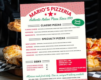 May include: A pizza menu template with the text "Mario's Pizzeria" and a list of classic and specialty pizzas. The menu includes sides and prices. The background is red and white checkered.