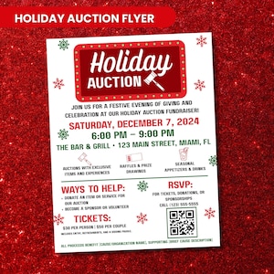 以下が含まれることがあります： 赤と白のデザインの、お祝いのホリデーオークションのチラシです。「Holiday Auction」というテキストと、2024年12月7日にマイアミのThe Bar & Grillで開催されるイベントの詳細が記載されています。 参加方法とRSVP情報が記載されています。