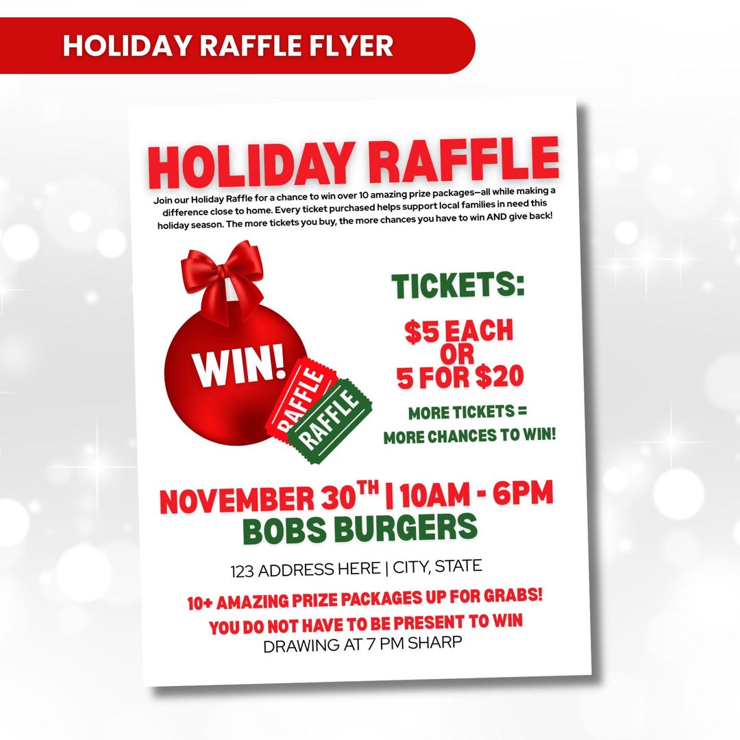 Holiday Raffle Fundraiser Flyer, Raffle Event, Christmas Raffle Flyer ...