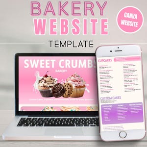 May include: A laptop and smartphone showcasing a bakery website template. The laptop screen displays cupcakes and the text "Sweet Crumbs Bakery." The phone shows a menu with cupcake and custom cake options. Pink text reads "Bakery Website Template."