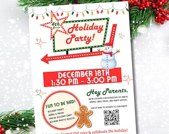 May include: A festive holiday party flyer with a red banner that reads "Holiday Party Flyer." The flyer features a star-shaped sign that says "Holiday Party!" and a snowman. The date and time are displayed in red. The flyer also includes a gingerbread man.