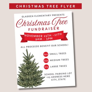 May include: A flyer for a Christmas tree fundraiser hosted by Gladden Elementary School. The flyer features a watercolor illustration of a Christmas tree with lights, and text that reads "Christmas Tree Fundraiser" with the dates and times of the event. The flyer also lists the prices for different sizes of trees: $40 for small trees, $55 for medium trees, and $75 for large trees. The flyer includes the school's parking lot address.