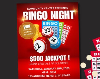 May include: A red and white bingo flyer with a $500 jackpot prize. The flyer advertises a bingo night at a community center on Saturday, January 2nd, 2025, from 6pm to 9pm. The flyer features a colorful illustration of bingo balls and cards.