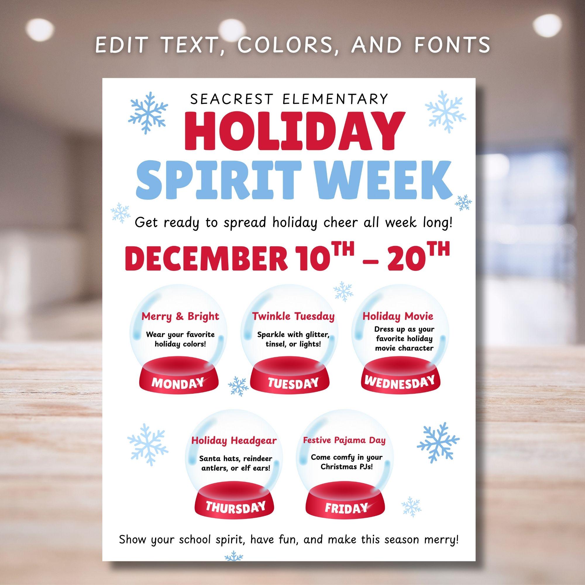 Holiday Spirit Week Flyer, Teacher Appreciation Flyer, School Flyer, Spirit  Week Schedule, Editable Flyer - Etsy