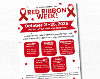 Red Ribbon Week Flyer Template | Drug-Free School Spirit Week Schedule | Editable Red Ribbon Poster for Schools | Instant Download