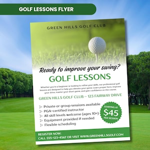 Redigerbar flygblad för golflektioner, golfflyer, flygblad för golflektioner, flygblad för golfbana, golfreklam
