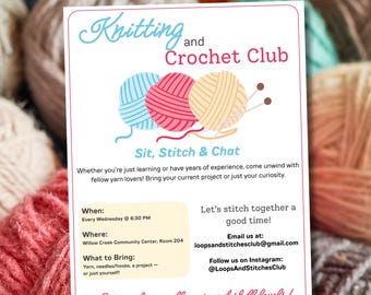 Plantilla de volante para club de tejido y crochet: póster imprimible para club de lanas, cartel para grupo de tejido DIY, invitación para círculo de tejido, club de manualidades