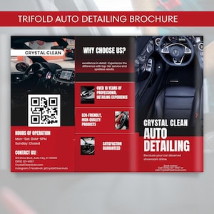May include: A red and white trifold brochure for Crystal Clean Auto Detailing. The brochure features images of car interiors and detailing products. Text includes "Why Choose Us?" and "Over 10 Years of Professional Detailing Experience."