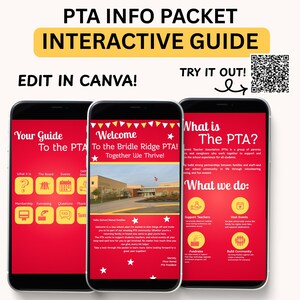 May include: A digital guide for the PTA, displayed on three smartphones. The guide is red and yellow, with the text "PTA INFO PACKET INTERACTIVE GUIDE" at the top. The guide includes information on the PTA, events, and how to get involved.