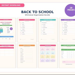 Può includere: Un pacchetto organizzativo di 28 pagine per il ritorno a scuola in download digitale, contenente vari modelli stampabili tra cui routine mattutina, routine pomeridiana, lista di controllo, pianificatore di abbigliamento e tabella dei premi.