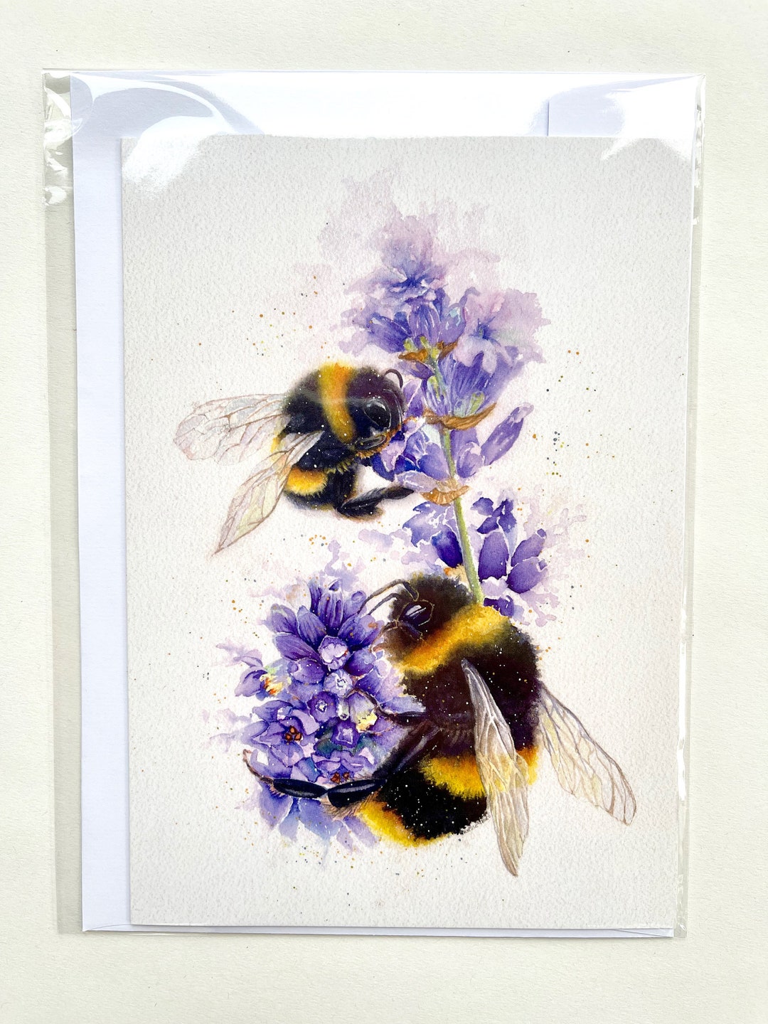 Bees on Lavender, 7x5" Greeting Card, From an Original Watercolour ...